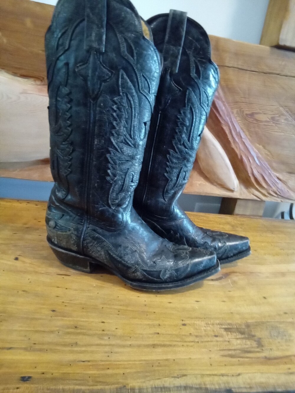 Vintage Safari Black Distressed  Leather Phoenix Tall Snip Toe Cowgirl Boots 6.5 - Picture 6 of 16